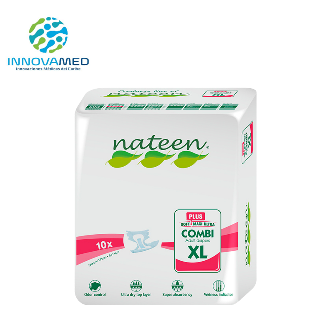 Pañales para Adultos (XL) Nateen Plus con Paq. de 10ud de 130-175cm y 3,400ml de Absorción 